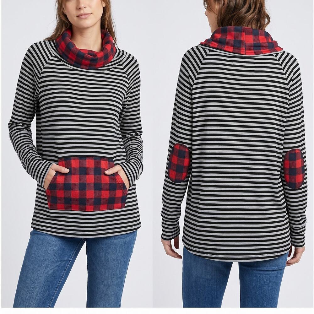 Hawthorne Size 1 Black Gray Striped Top Red Buffalo Plaid Accent Cowl Neck